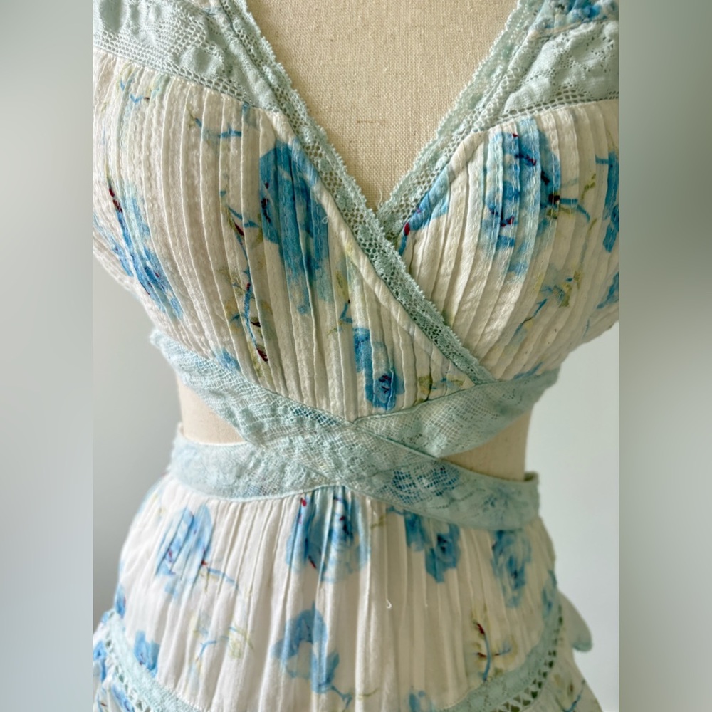 LoveShackFancy Light Blue Floral Ruffle Cutout Mini Dress - Picture 9 of 9